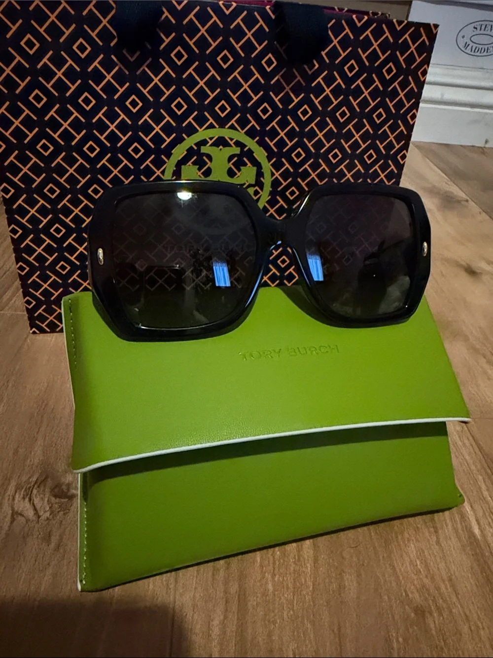 Tory Burch Glossy Black Oversized Square Sunglasses with Lime Green Case